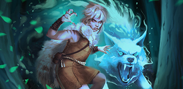 A warrior summoning a glowing spirit wolf
