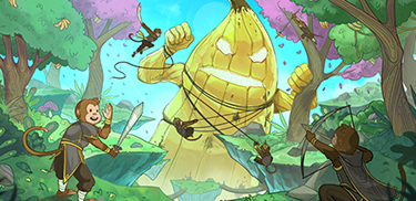 Aptos Monkeys trying to capture a giant banana 2d image